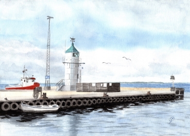 Postcard DIN-A5  watercolor maritime art print art print  Denmark Danmark Aaro - Aro - Arø - Aarø 1- Lighthouse in the harbor